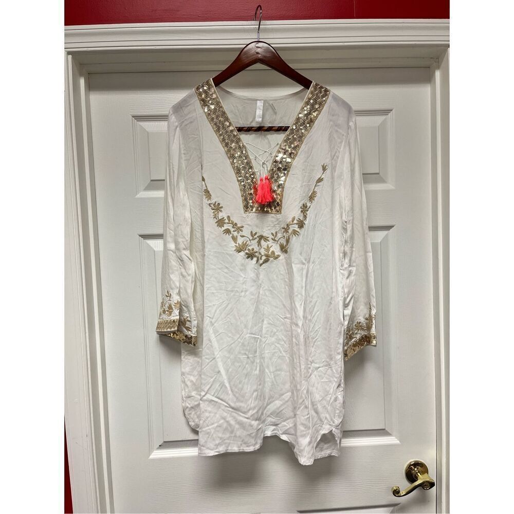 La Moda White & Gold Sequin Tunic Tassel Beach Cover Up sz L/XL NWOT